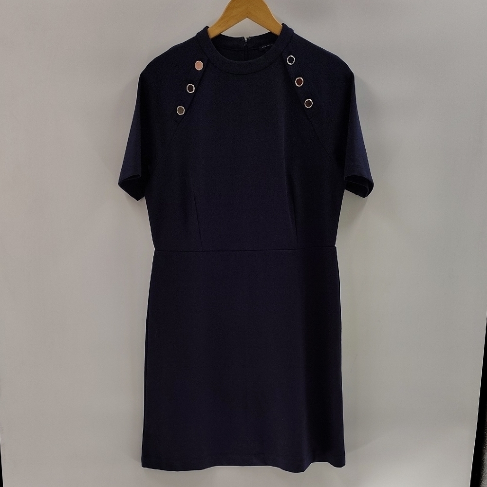Ann Taylor Navy Zip Back Dress Midi Size 12 Button Detail Stretch